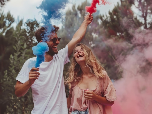 Photo a couple in love with colored smoke and a man in a white shirt with the words  blue smoke  on it