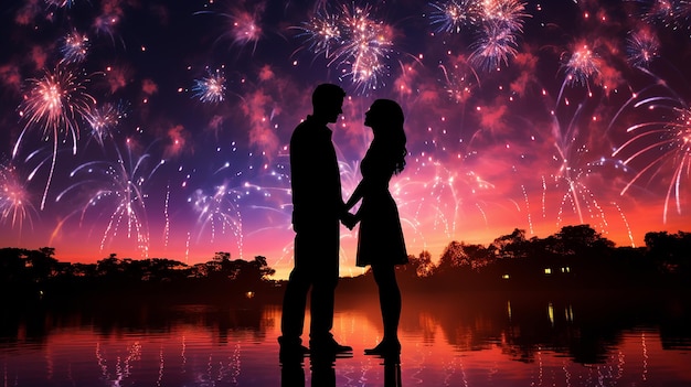 a couple in love with fireworks in the background