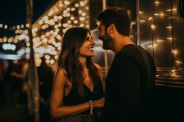 a couple in love with a night sky behind them