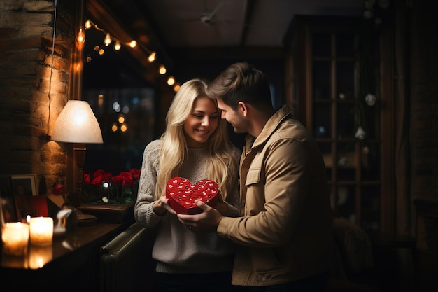 Couple in love with a present in the shape of a heart Celebrating valentines day at home