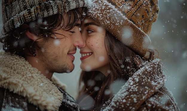 a couple in love with snow falling