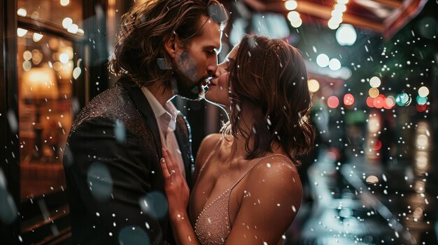 a couple in love with snowflakes falling on their faces