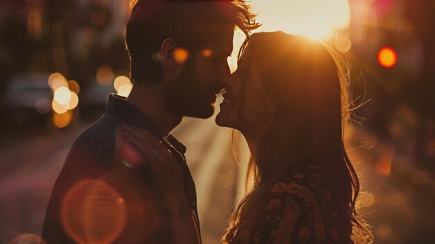 a couple in love with sun setting behind them