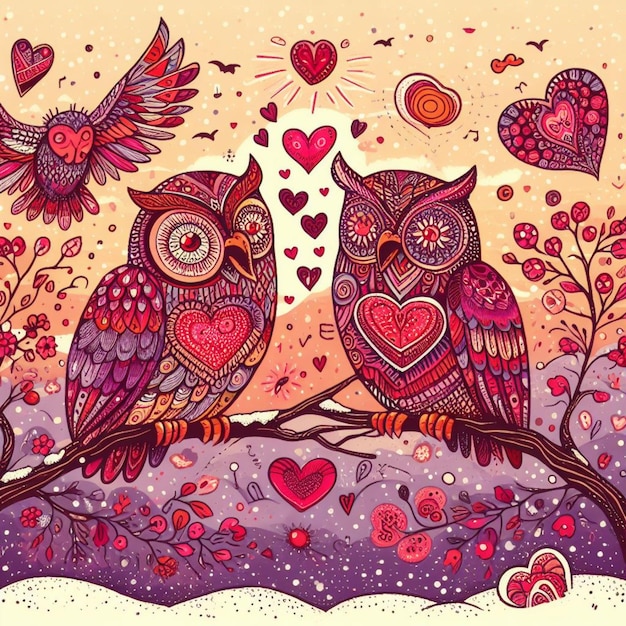 a couple of lovely sing owls in tree beanch night rendered heart shapes long true love concept