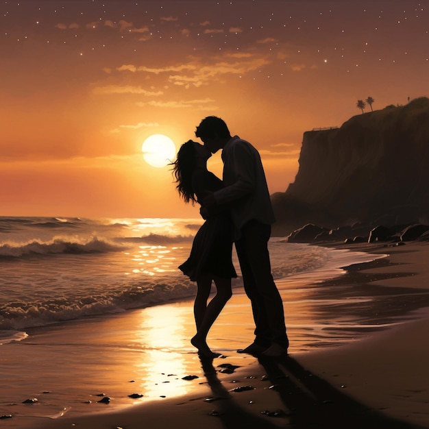 Couple of lover kissing on the beach at sunset in their wedding trip