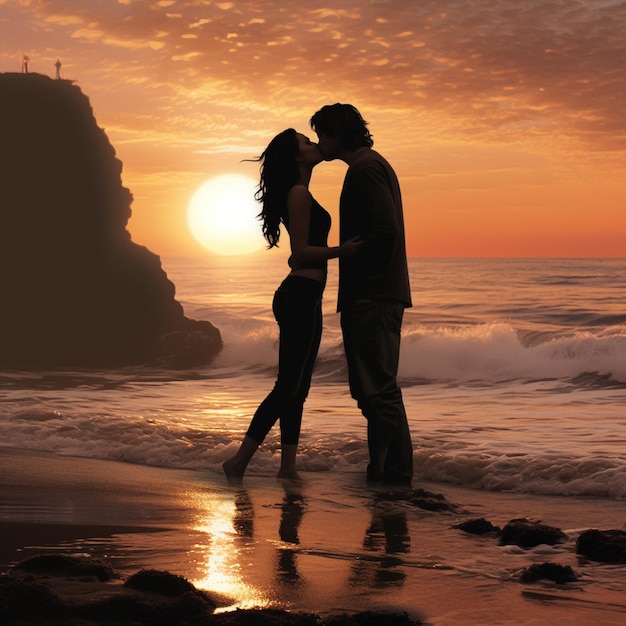 Couple of lover kissing on the beach at sunset in their wedding trip