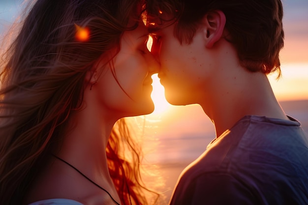 Couple of lovers on the beach in the evening at sunset close up portrait kissing couple The girl an