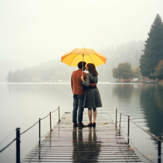 A couple of lovers in a lake with a yellow umbrella