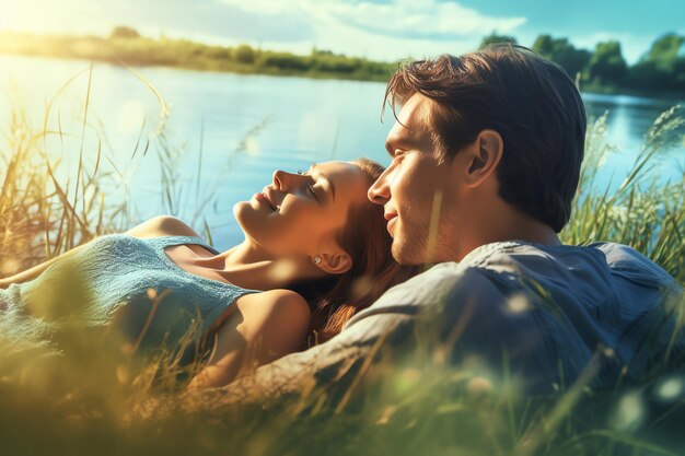 A couple lying on the grass in front of a lake