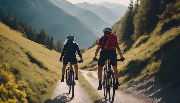 Couple man and woman riding bicycles in the mountains with sunlight