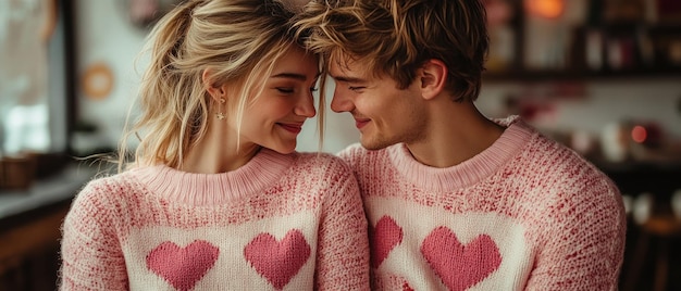 Photo couple in matching heartpatterned sweaters