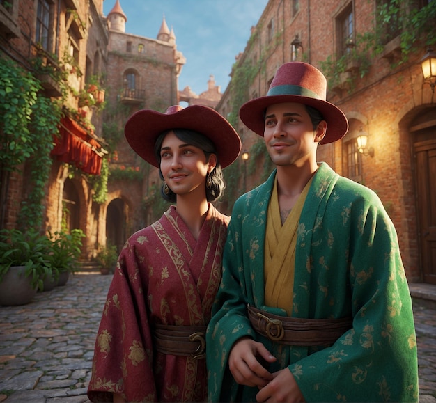 Couple in medieval costume in a street of the old town