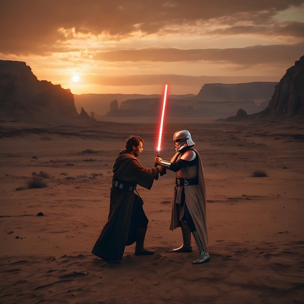 a couple of men are standing in the desert with a star wars character holding a sword