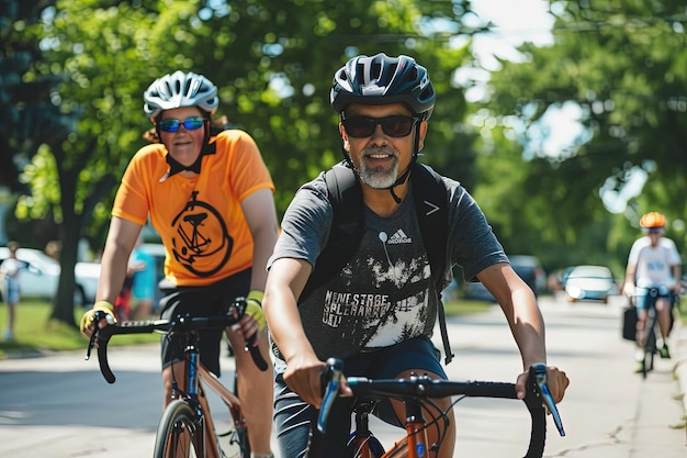 A couple of men riding bikes down a street