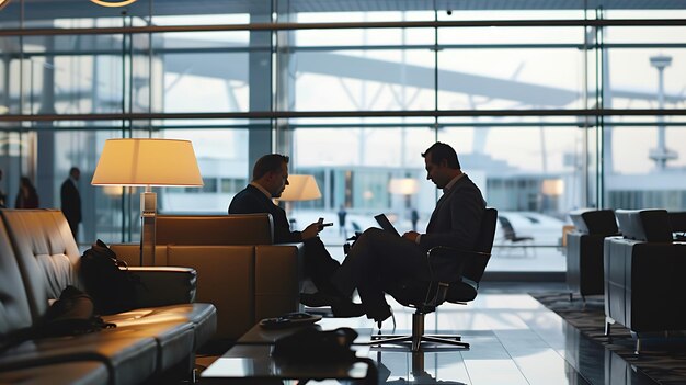 Photo a couple of men sitting in a lobby with a laptop and a lamp