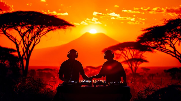 Couple of men standing next to each other in front of sunset