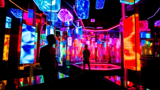 Couple of men standing in front of room filled with colorful lights Generative AI