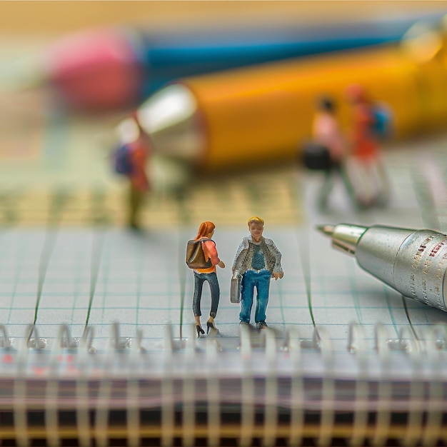 a couple of men standing next to a pen and a pencil