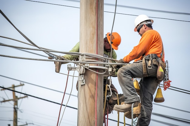 A couple of men that are standing on a pole generative ai image power line workers