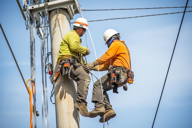 A couple of men that are standing on a pole generative ai image power line workers