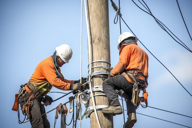 A couple of men that are standing on a pole generative ai image power line workers