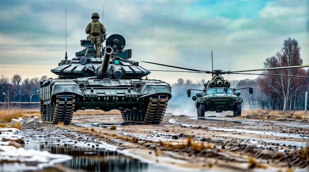 Couple of military vehicles driving down dirt road next to each other