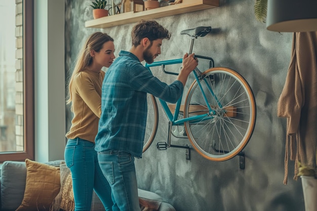 a couple in a modern urban apartment working together to install a bike rack