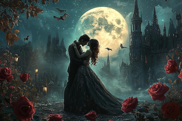 a couple in a moonlit night with a full moon in the background