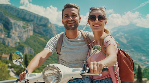 Photo a couple on a moped ride with a mountain in the background