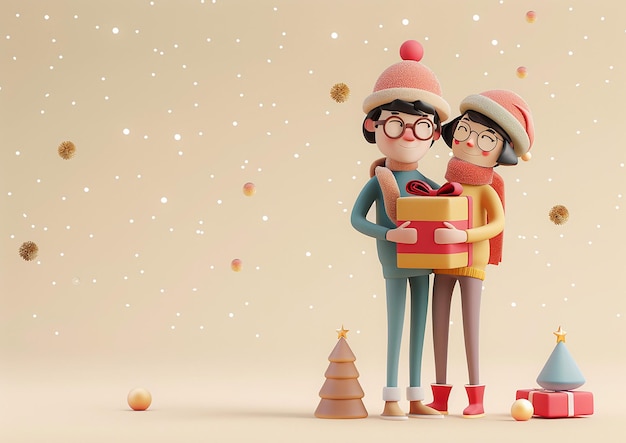 Couple near gift box holiday promotions and offers New Year celebration 3D cartoon animation