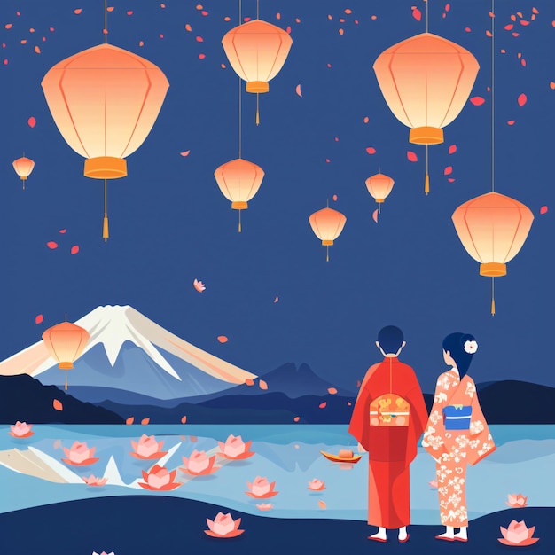 Couple at obon festival illustration Floating lotus lanterns and sky lanterns in flat design