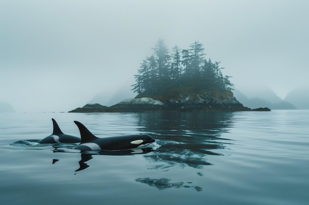 Photo a couple of orcas swimming in a body of water