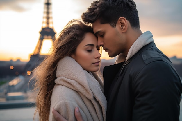 Photo a couple in paris embraces in front of the eiffel tower