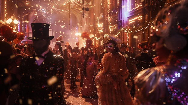 a couple in a party dress and hat are walking in the snow