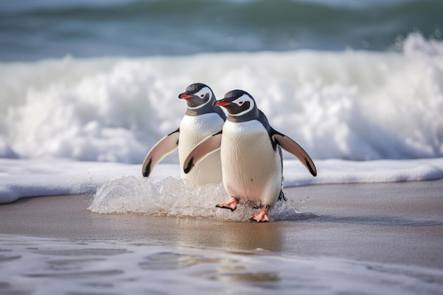 Couple of penguins on the shore in the waves of the Atlantic Ocean