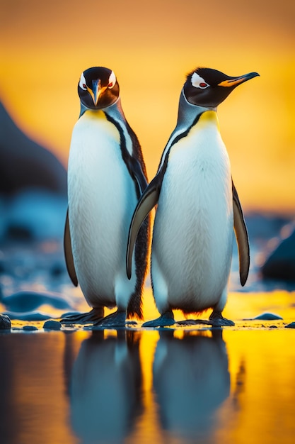 Couple of penguins standing next to each other on top of beach Generative AI