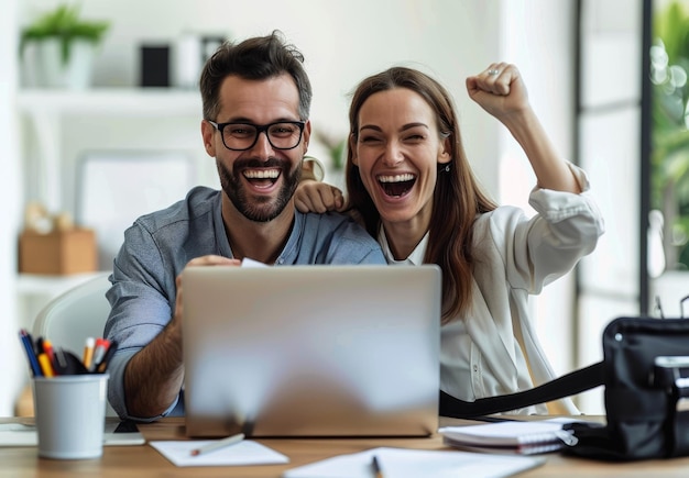 a couple of people are looking at a laptop and laughing