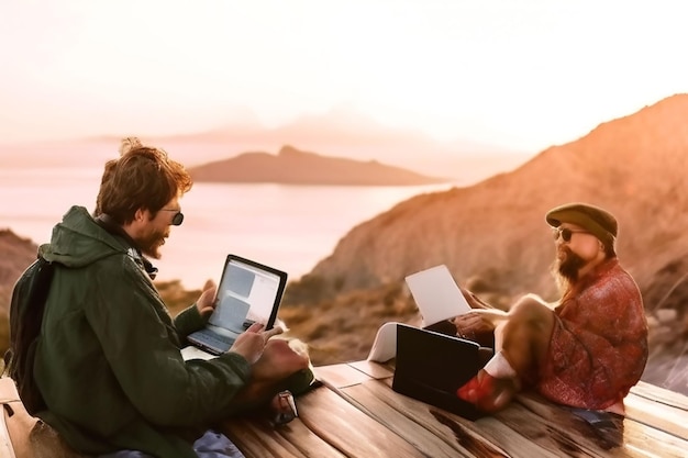 Photo a couple of people are looking at a laptop and a man is looking at a laptop