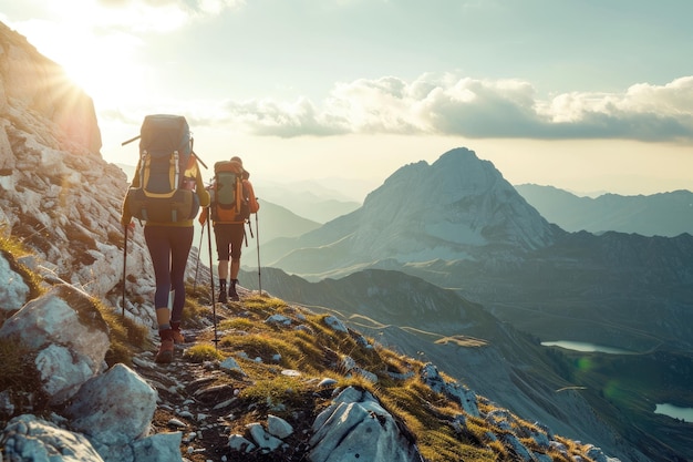 A couple of people are standing on a rocky peak of a mountain surrounded by vast landscapes Friends showing strength and resolution during a challenging mountain hike AI Generated