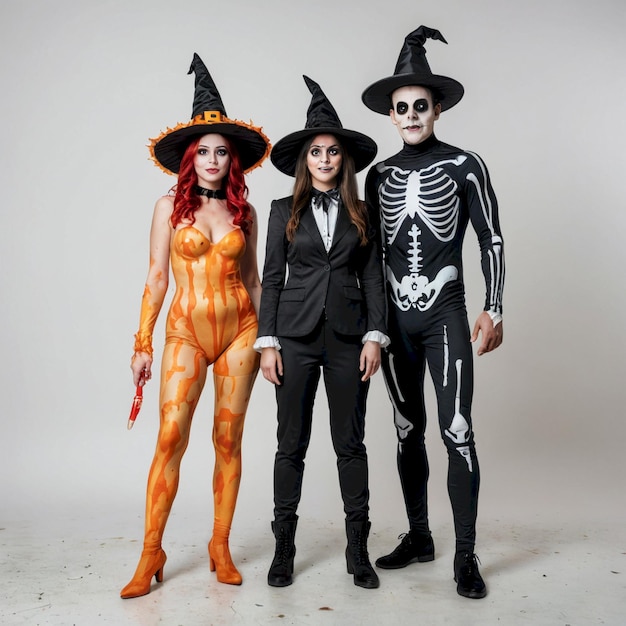 Photo a couple of people dressed up as skeleton and a witch