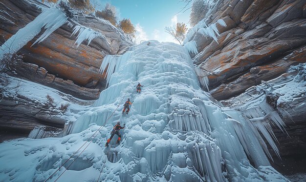 Photo a couple of people hiking up a frozen waterfall