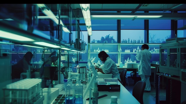 Photo a couple of people in a lab with a lot of bottles