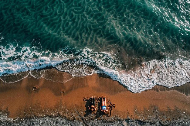 a couple of people laying on top of beach