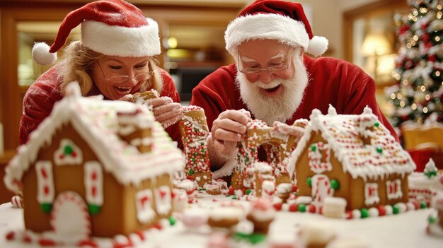 Photo a couple of people playing with a gingerbread house