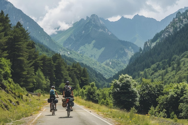 A couple of people riding motorcycles down a road