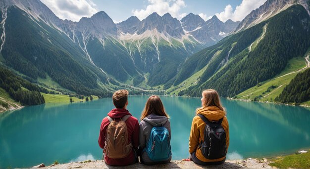 Photo a couple of people sit on a ledge overlooking a lake and mountains