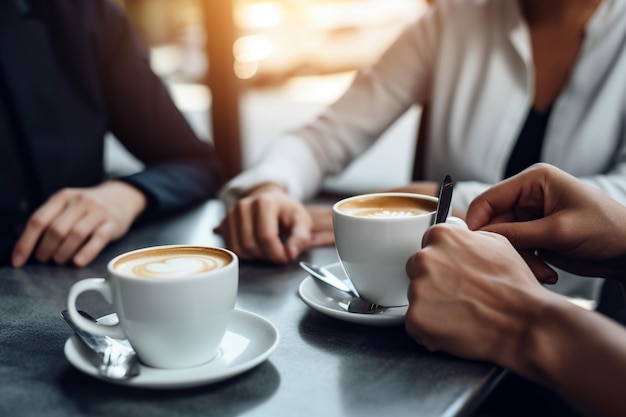 A couple of people sit at a table with cups of coffee and a cup of coffee.