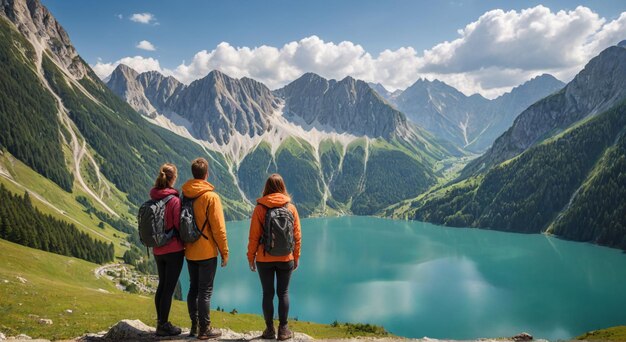 Photo a couple of people standing on a mountain top with mountains in the background