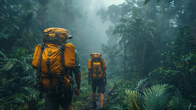 a couple of people with backpacks that are yellow and orange