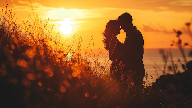 Photo couple photographed in a romantic mood against the sunset copy space